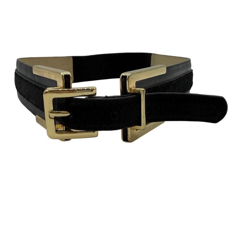 Ann Taylor Black Pony Hair & Leather Elastic Back Belt Gold Hardware Size M/L